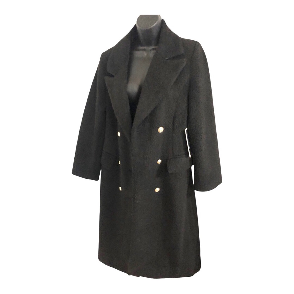 Black mohair style double breasted style long coat size medium brand new